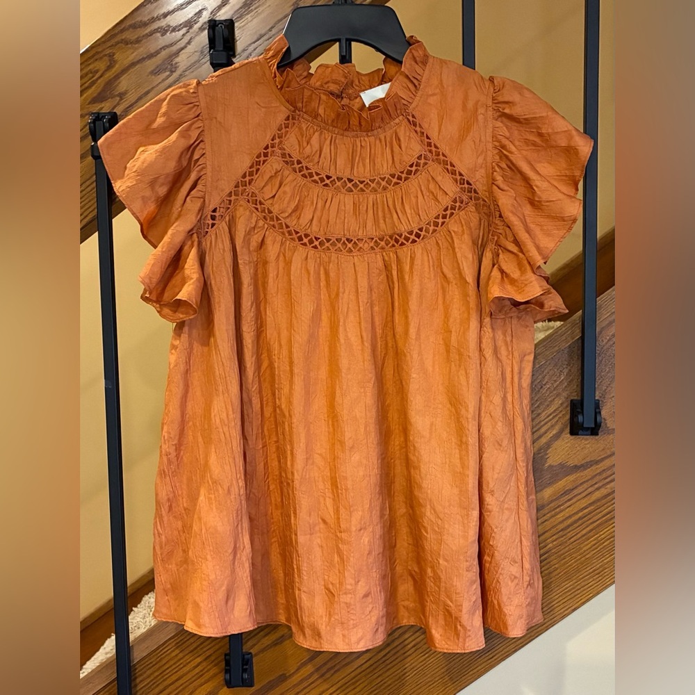 Women's Ruffle Sleeve Crochet Yoke Top - Burnt Orange